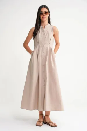 Rochie maxi -  guler tippet - cu nasturi - bej - textil