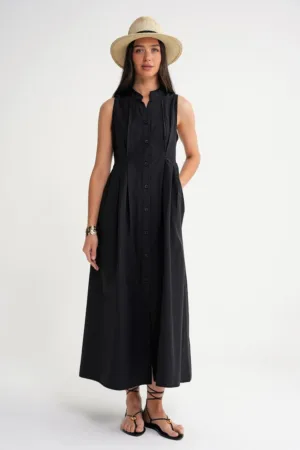 Rochie maxi -  guler tippet - nasturi - negru - textil