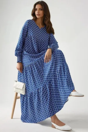 Rochie maxi  imprimeu - albastra - viscoza