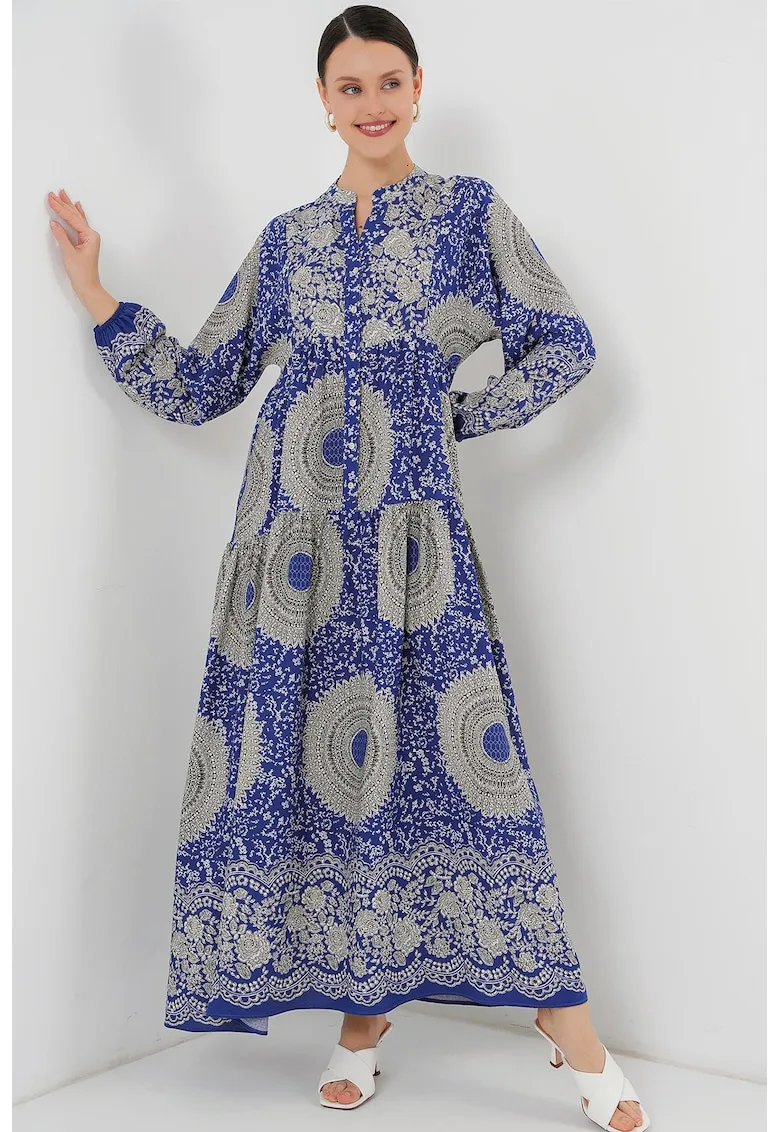 Rochie maxi - imprimeu - albastru cobalt - gri - viscoza