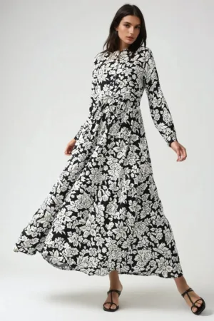 Rochie maxi -  imprimeu - cu guler camasa - negru - fabrica