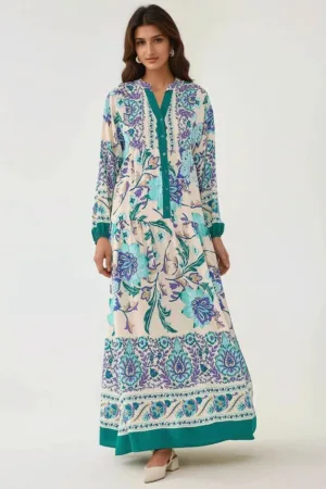 Rochie maxi -  imprimeu - cu maneca lunga - verde - viscoza