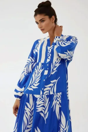 Rochie maxi -  imprimeu - decolteu V - albastra - viscoza