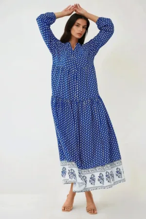 Rochie maxi - imprimeu - decolteu in V - albastru - textil