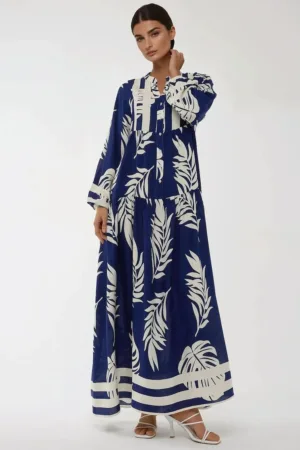 Rochie maxi  imprimeu - decolteu in V - maneca lunga - albastra - viscoza