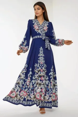 Rochie maxi -  imprimeu - decolteu in V - maneci lungi - albastra - textil