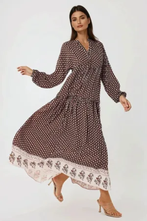 Rochie maxi - imprimeu - decolteu in V - maro - textil