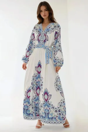 Rochie maxi -  imprimeu - decolteu in V - multicolora - bumbac - poliester - lycra