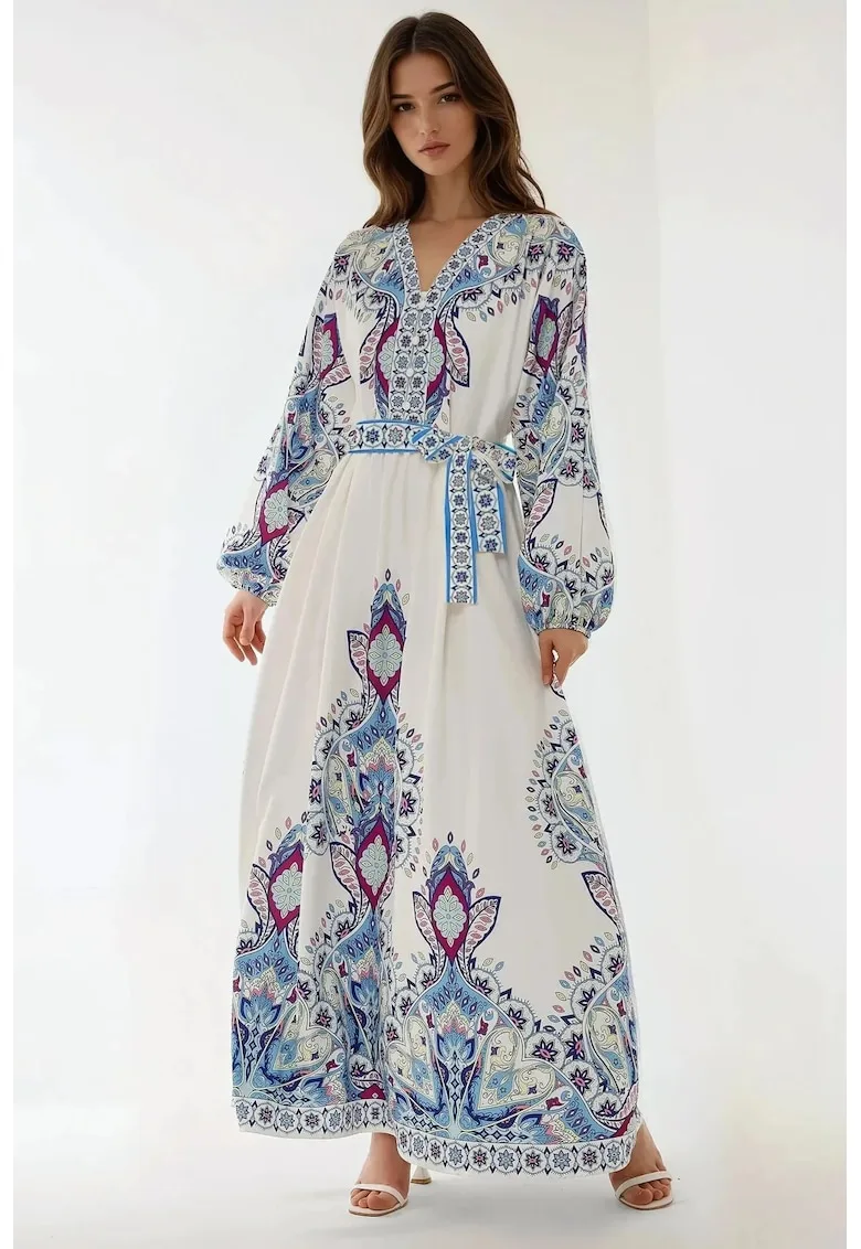 Rochie maxi - imprimeu - decolteu in V - multicolora - bumbac - poliester - lycra