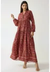 Rochie maxi -  imprimeu - decolteu in V - rosu - textil