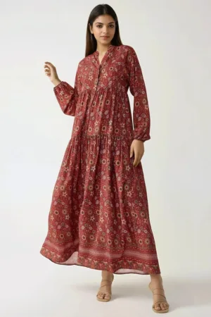 Rochie maxi - imprimeu - decolteu in V - rosu - textil