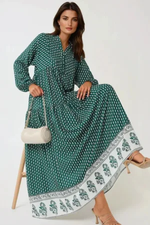 Rochie maxi - imprimeu - decolteu in V - verde - textil