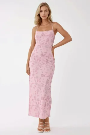 Rochie maxi -  imprimeu - decolteu patrat - roz - tul