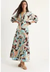Rochie maxi -  imprimeu etnic - decolteu in V - multicolor - poliester-elastan