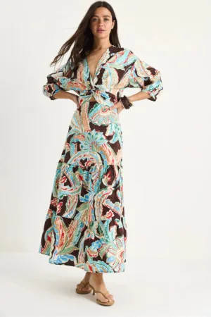 Rochie maxi - imprimeu etnic - decolteu in V - multicolor - poliester-elastan