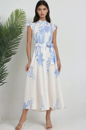 Rochie maxi - imprimeu floral - albastru - material textil