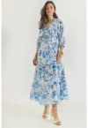 Rochie maxi -  imprimeu floral - decolteu in V - albastru - poliester