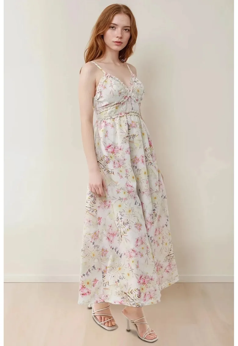 Rochie maxi imprimeu floral - decolteu in V - bumbac - multicolor