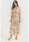 Rochie maxi -  imprimeu floral - decolteu in V - portocalie - poliester