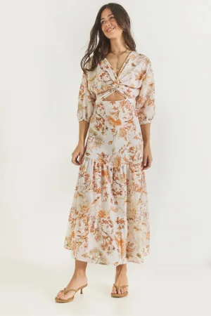 Rochie maxi - imprimeu floral - decolteu in V - portocalie - poliester