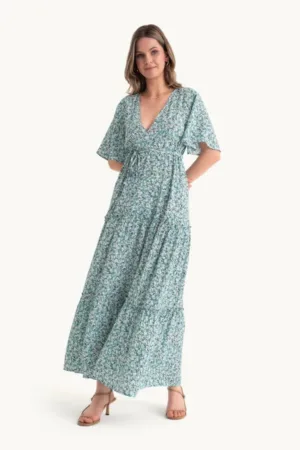 Rochie maxi -  imprimeu floral - decolteu in V - verde - textil