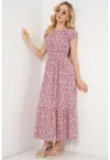 Rochie maxi  imprimeu floral - detalii elastice - rosu - textil -