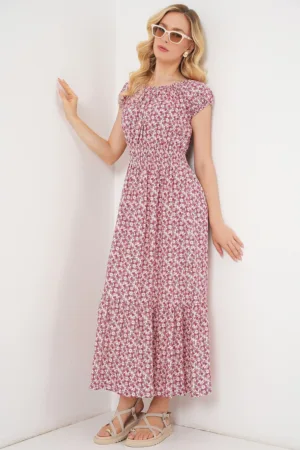 Rochie maxi  imprimeu floral - detalii elastice - rosu - textil -