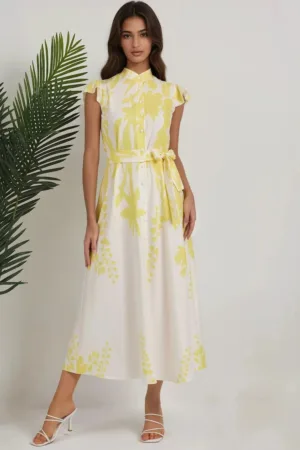 Rochie maxi - imprimeu floral - galben - croiala slim fit