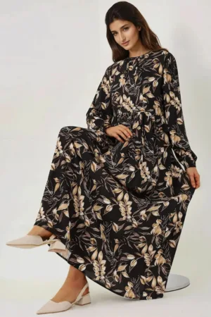 Rochie maxi -  imprimeu floral - negru - viscoza