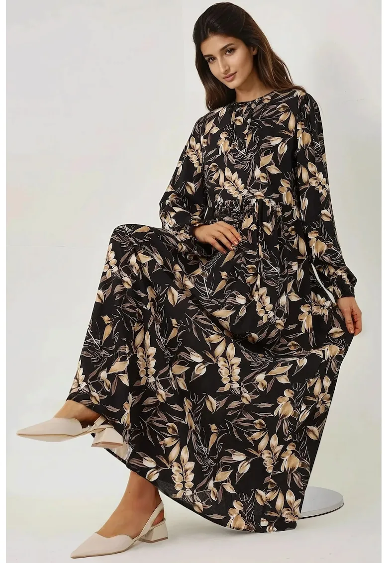 Rochie maxi - imprimeu floral - negru - viscoza