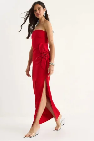 Rochie maxi -  imprimeu floral - rosu - jerseu