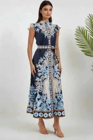 Rochie maxi - imprimeu floral - slim fit - albastru - textil