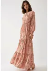 Rochie maxi -  imprimeu frunze - roz - viscoza