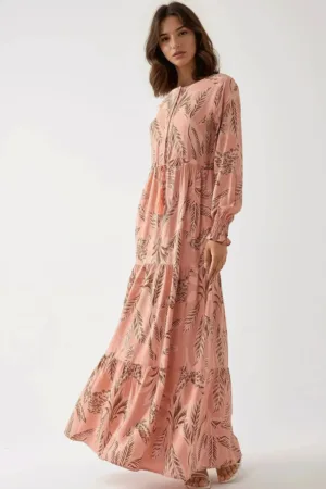 Rochie maxi -  imprimeu frunze - roz - viscoza