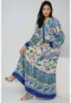 Rochie maxi -  imprimeu - guler camasa - albastru - textil
