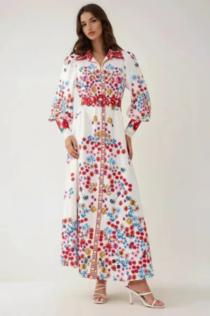 Rochie maxi -  imprimeu - guler camasa - multicolor - textil