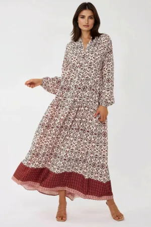 Rochie maxi -  imprimeu - guler camasa - rosu - textil