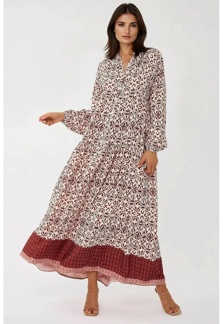 Rochie maxi - imprimeu - guler camasa - rosu - textil