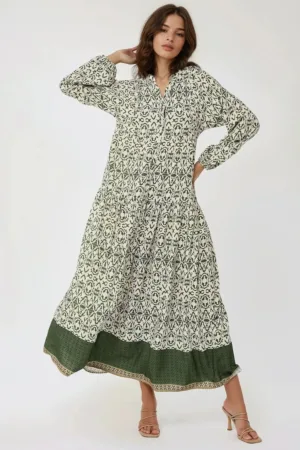 Rochie maxi -  imprimeu - guler camasa - verde - textil