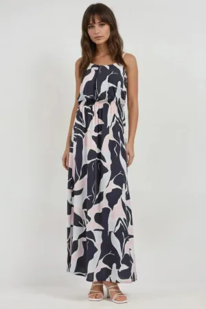 Rochie maxi -  imprimeu - guler patrat - multicolor - textil