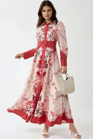 Rochie maxi -  imprimeu - guler rotund - rosu - jerseu