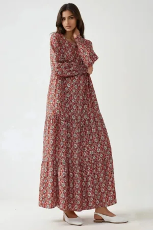 Rochie maxi  imprimeu - guler rotund - rosu - viscoza