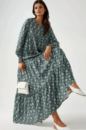 Rochie maxi  imprimeu - guler rotund - verde - viscoza