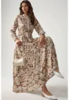 Rochie maxi -  imprimeu - guler sofisticat - bej - viscoza