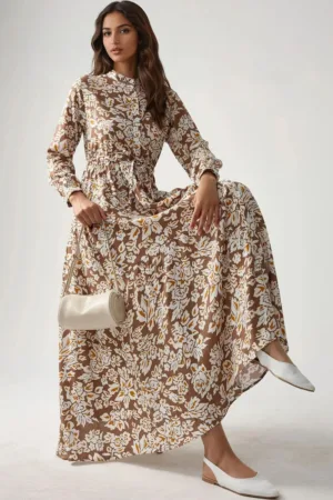 Rochie maxi -  imprimeu - guler sofisticat - bej - viscoza