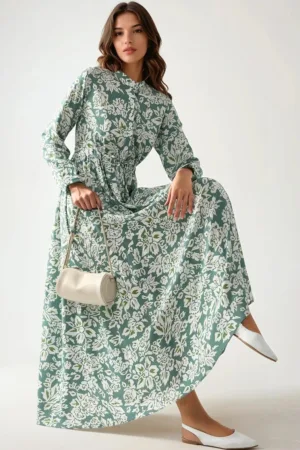 Rochie maxi -  imprimeu - guler sofisticat - verde - viscoza