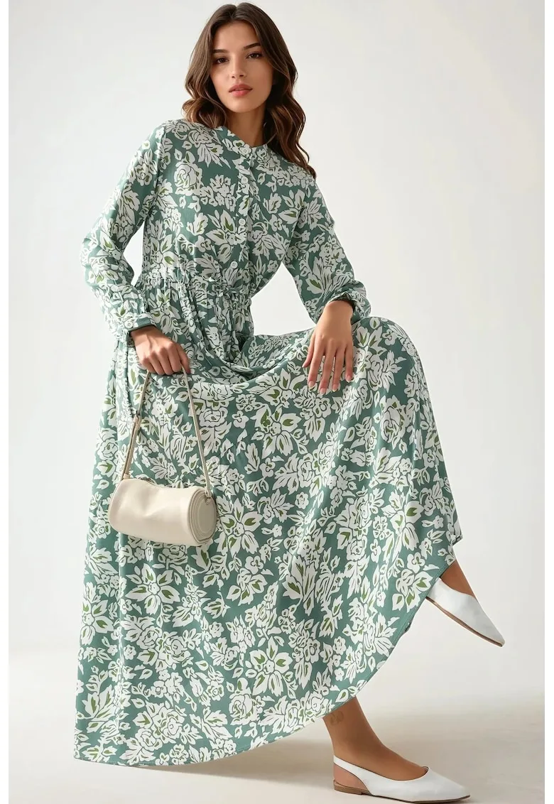 Rochie maxi - imprimeu - guler sofisticat - verde - viscoza