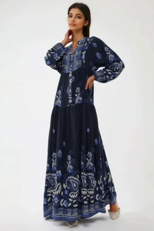 Rochie maxi -  imprimeu - maneca lunga - albastra - viscoza