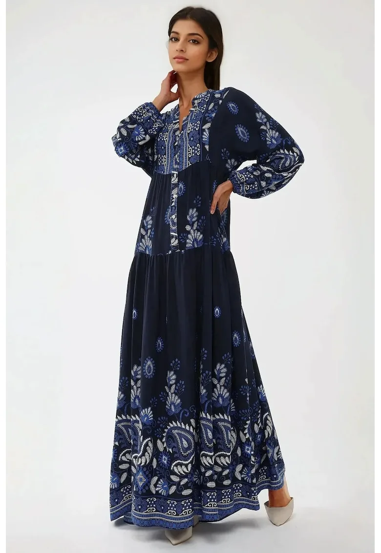 Rochie maxi - imprimeu - maneca lunga - albastra - viscoza
