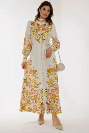 Rochie maxi -  imprimeu - maneca lunga - multicolor - textil